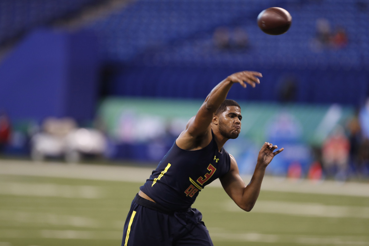Mar 4, 2017; Indianapolis, IN, USA; Virginia Tech Hokies quarterback Jerod Evans throws a pass during the 2017 NFL Combine at Lucas Oil Stadium. Mandatory Credit: Brian Spurlock-USA TODAY Sport